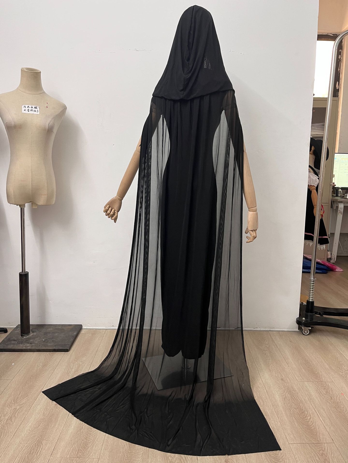 Halloween Witch Vampire Costume - Women Black Sheer Mesh Hooded Cape
